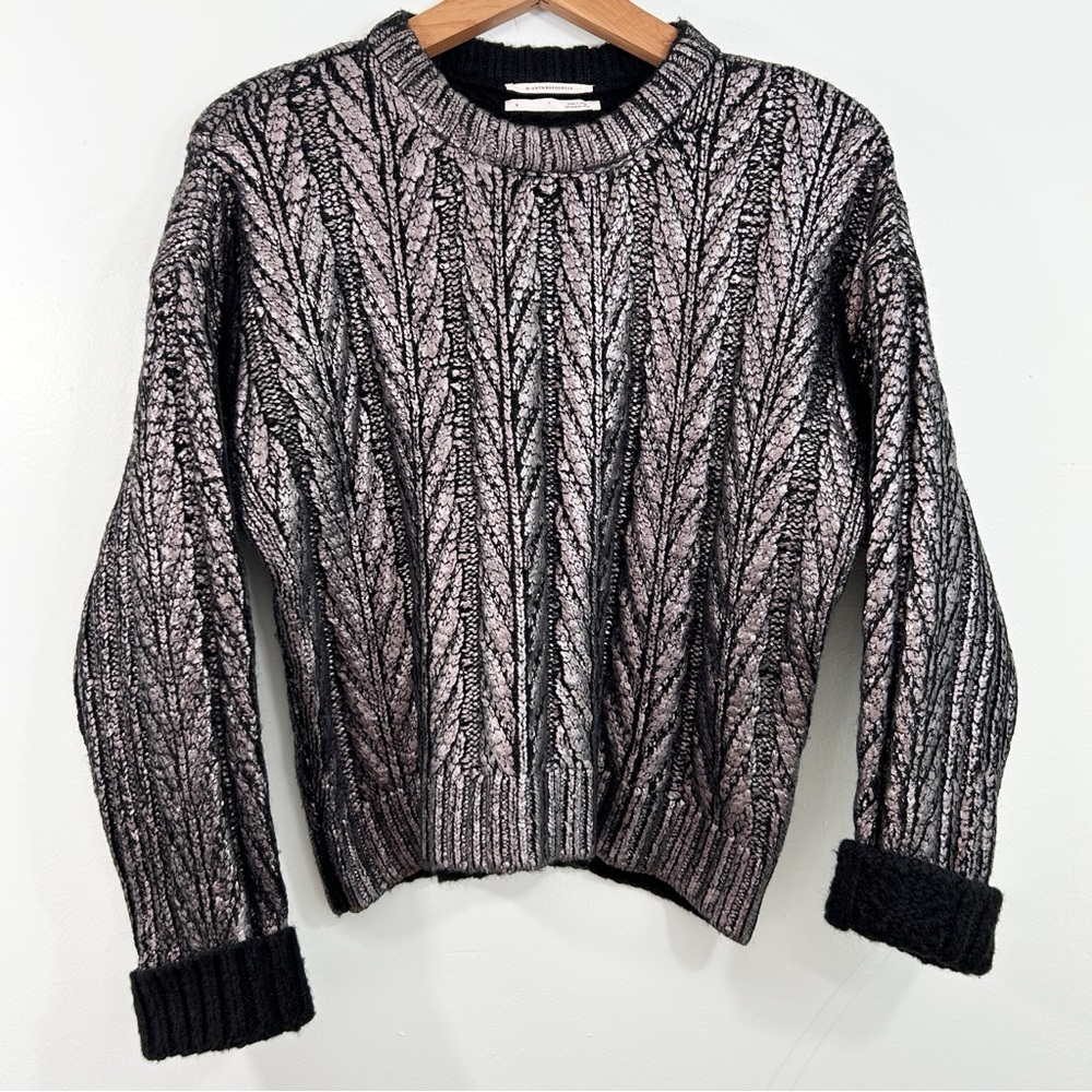 Anthropologie Metallic Black Cable Knit Sweater Size Small Whimsigoth Grunge